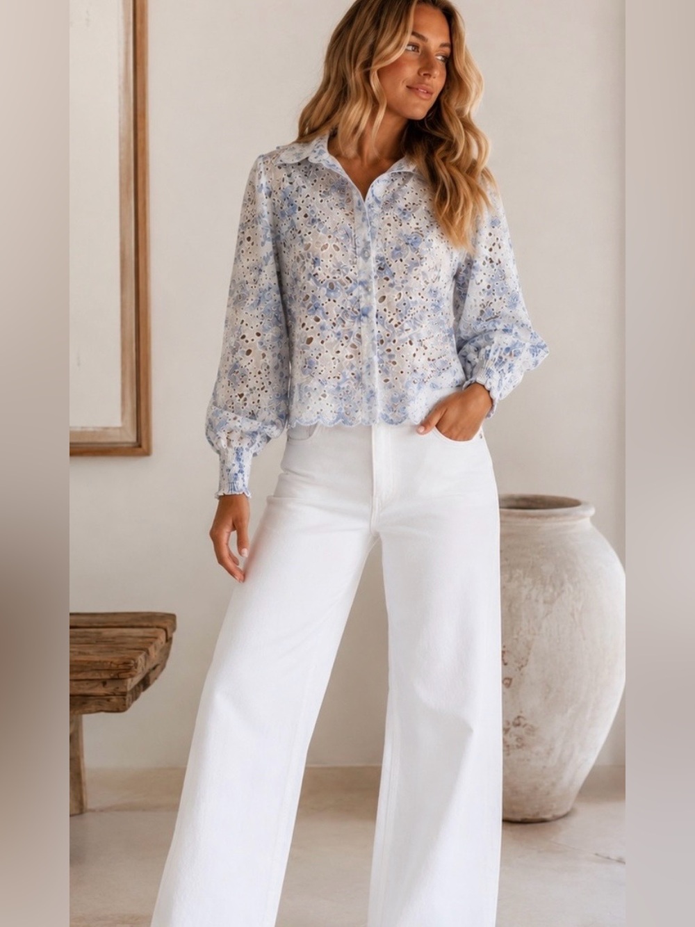 Caroline Constas White & Blue Eyelet Shirt with Blue Floral Print